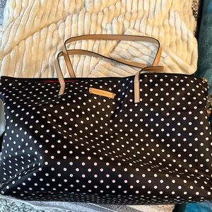 Perfumania Tote with Pink Polka Dots and Tan Straps and black strap
